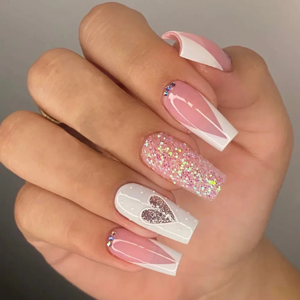 24Pcs Simple White French Press on Nails with Glue Long Ballet False Nails Wearable Coffin Fake Nails Full Cover Nail Tips