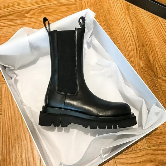Women's Classics Chelsea Boots Black Ankle Boots Genuine Leather Platform Short Boots Slip on Elastic Band