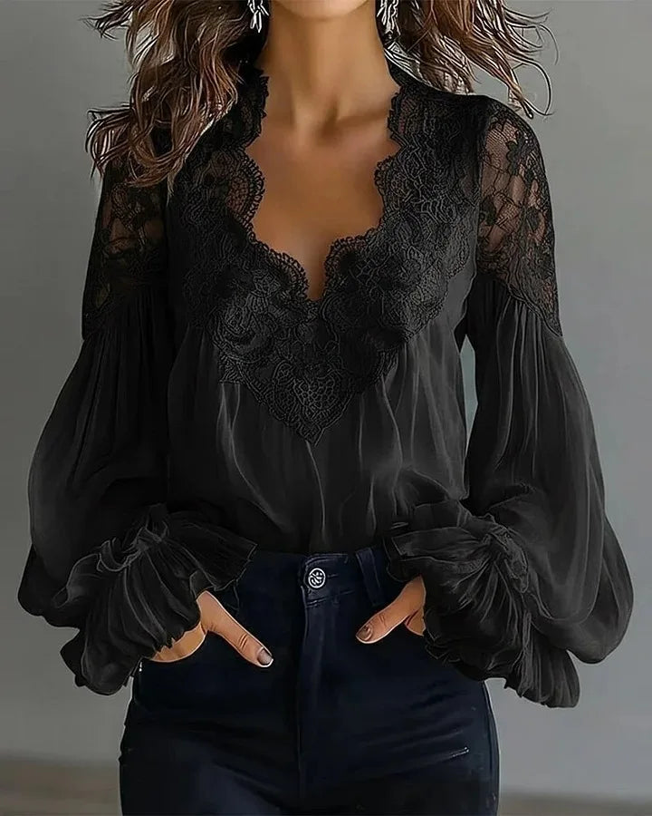White  Lace Trim Puff Sleeve Blouse