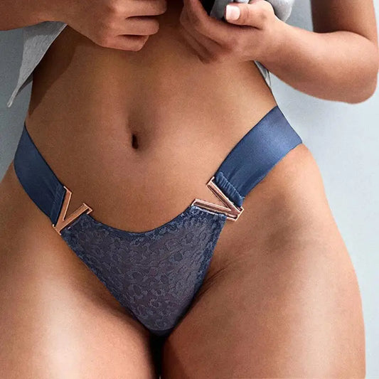 Women's Sexy Low-Waisted Lace T-Pants with V-Shaped Buckle Waistband Thong