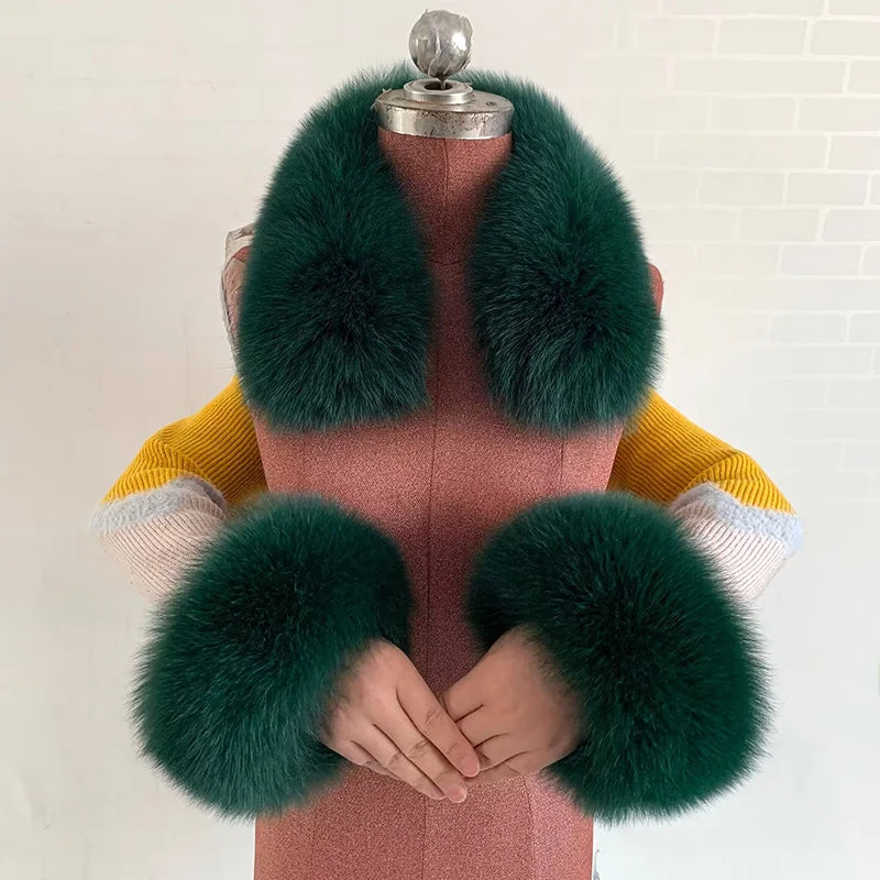 100% Real Fox Fur Collar Winter Coat Hood Fur Scarf Cuffs Set Jacket Match Overcoats Accessory Women Neck Warmer Scarves
