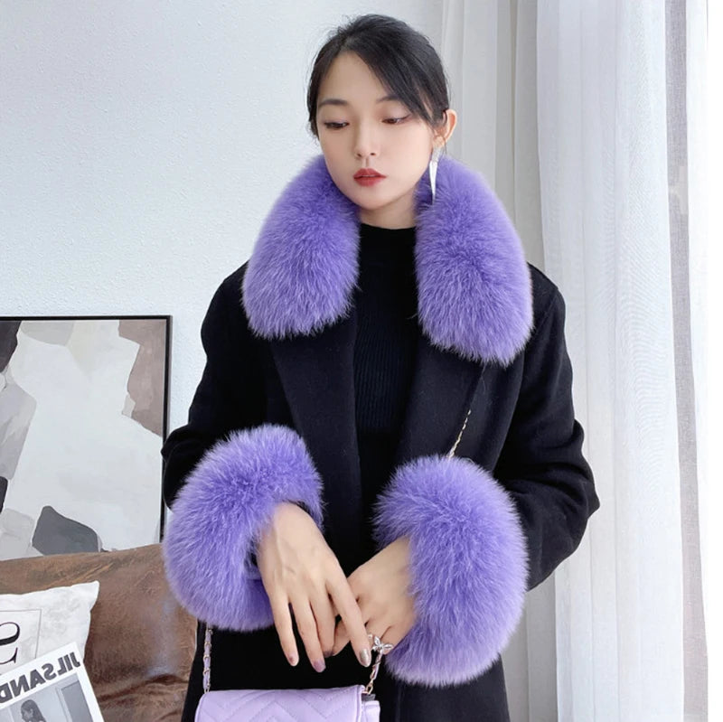 100% Real Fox Fur Collar Winter Coat Hood Fur Scarf Cuffs Set Jacket Match Overcoats Accessory Women Neck Warmer Scarves
