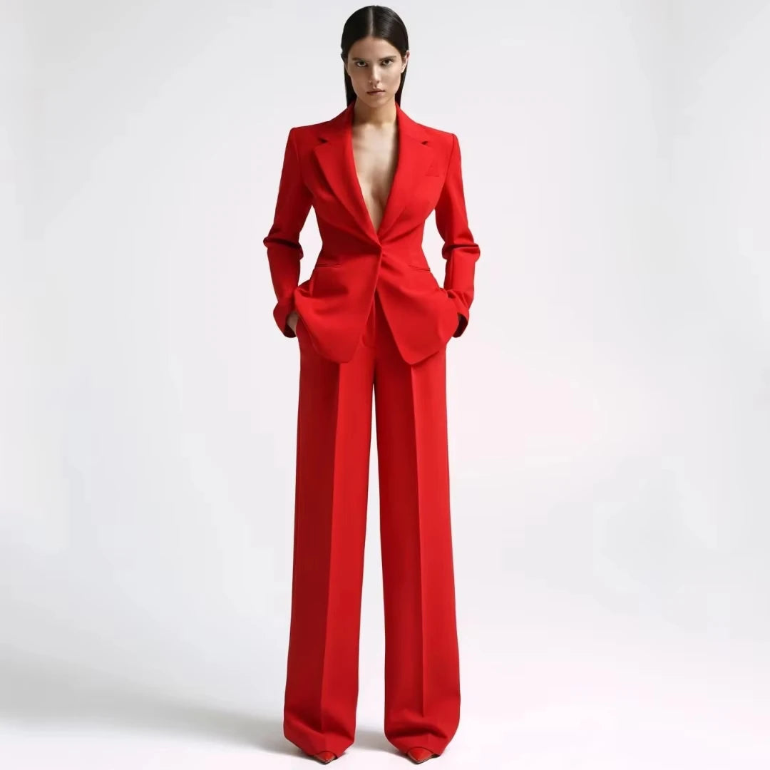 Women Suit 2 Pieces Red With Lapel Single Button Blazer And Pant