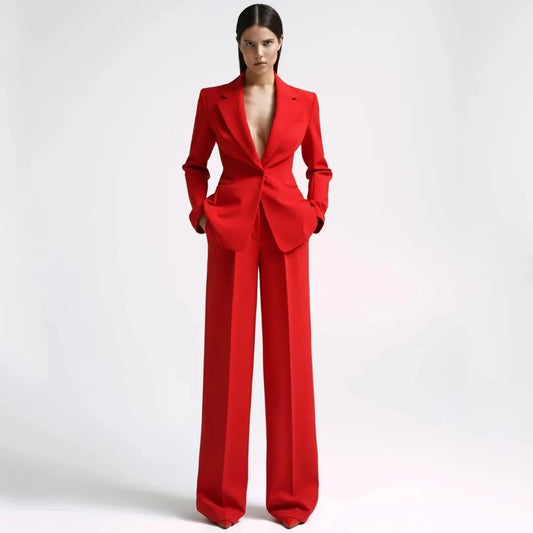 Women Suit 2 Pieces Red With Lapel Single Button Blazer And Pant