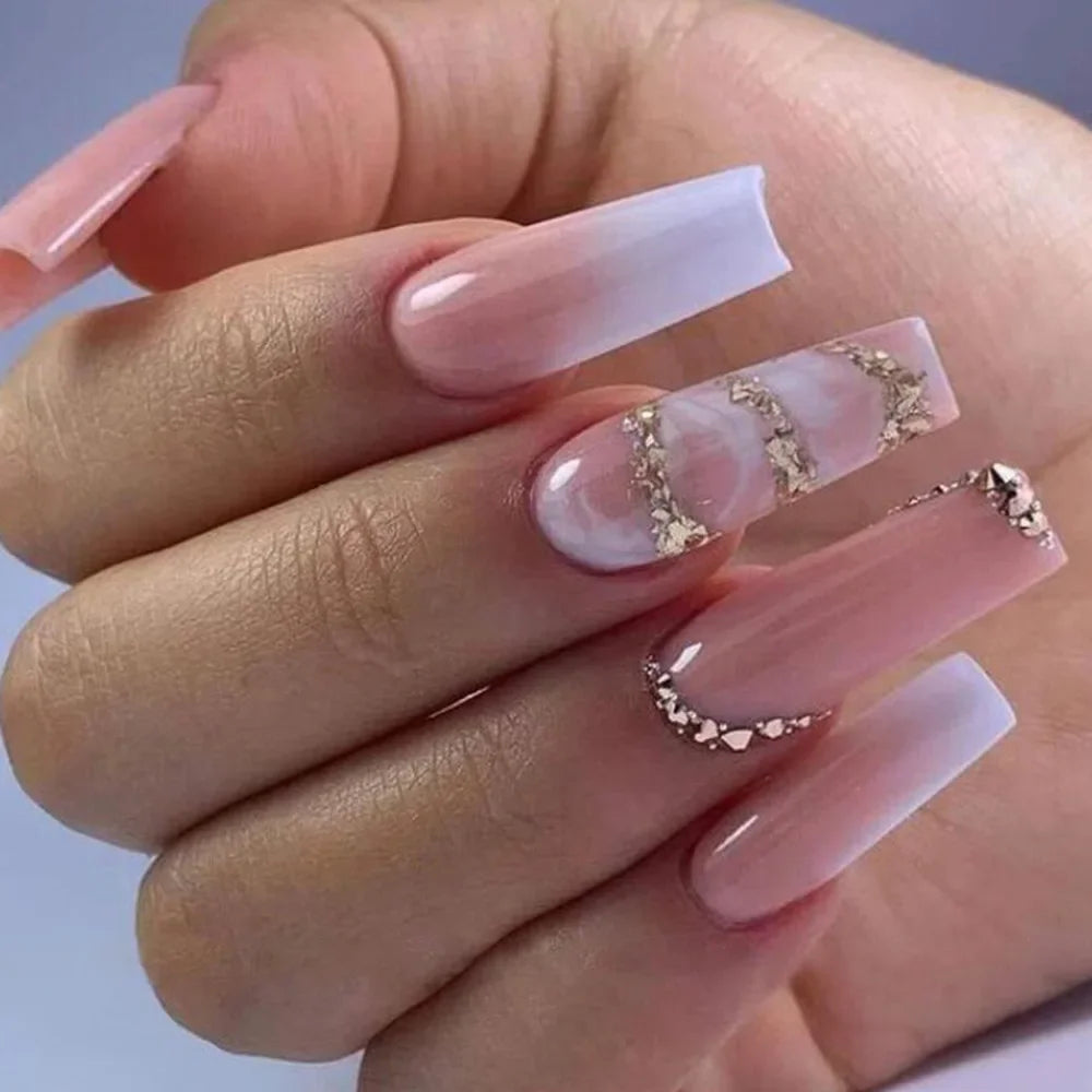 24Pcs Simple White French Press on Nails with Glue Long Ballet False Nails Wearable Coffin Fake Nails Full Cover Nail Tips