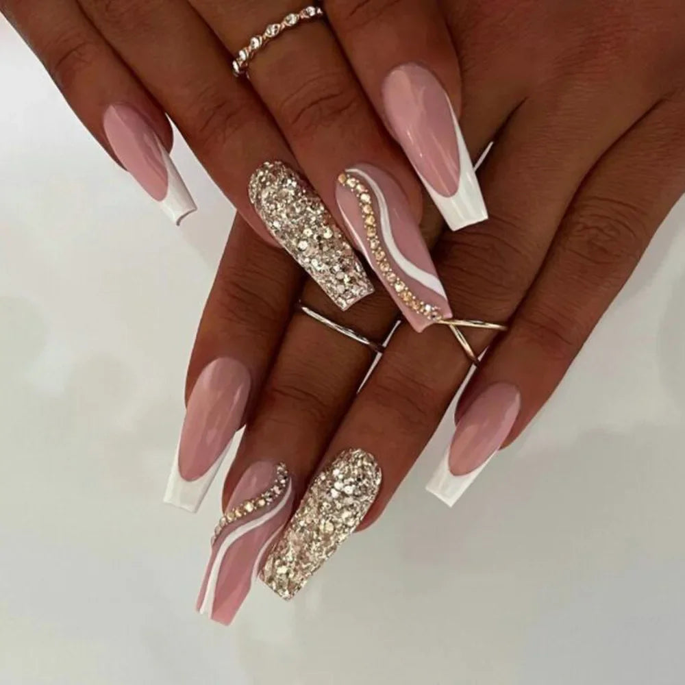 24Pcs Simple White French Press on Nails with Glue Long Ballet False Nails Wearable Coffin Fake Nails Full Cover Nail Tips