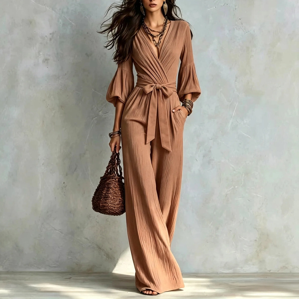 Elegant Deep V Neck Puff Sleeve Jumpsuit