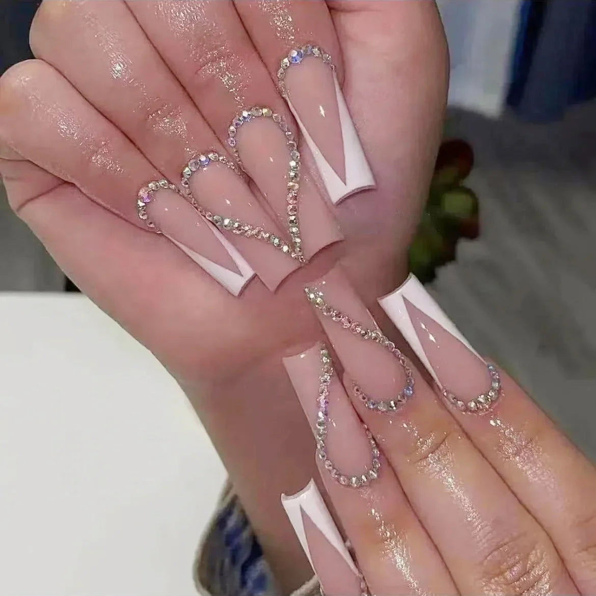 24Pcs Simple White French Press on Nails with Glue Long Ballet False Nails Wearable Coffin Fake Nails Full Cover Nail Tips