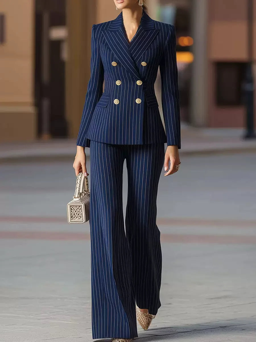 Ladies Pant Suit Striped Jacket Blazer and Trouser 2 Piece Set