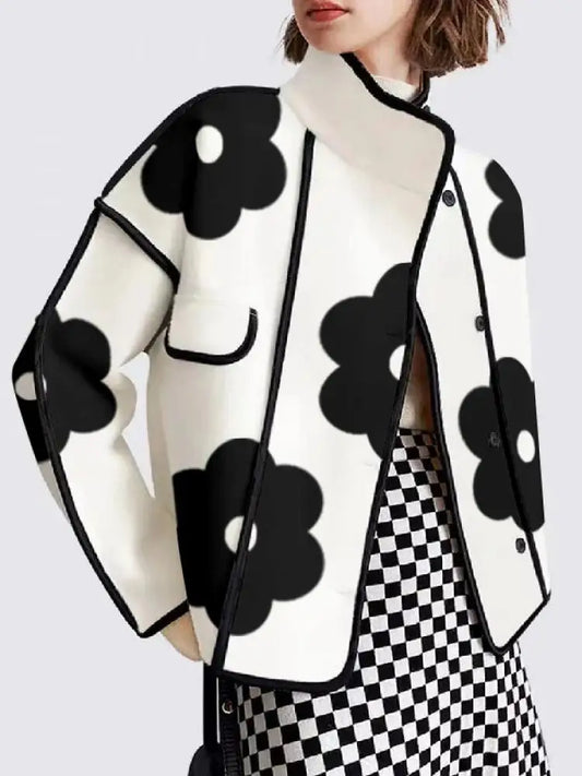 Women's Autumn Jackets Fashion Black Flower Print High-Neck Long Sleeves Buttoned Casual