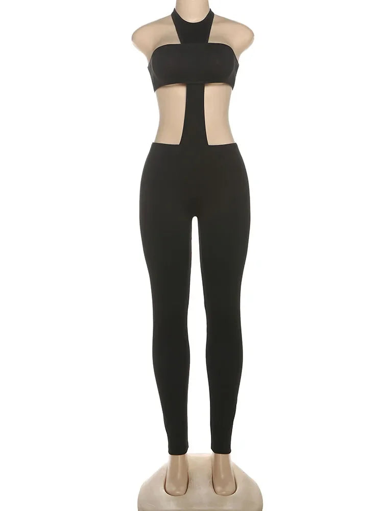 Cross Cut Halter Women Jumpsuit Unique Sexy Coquette Bandage Backless Elastic One Piece
