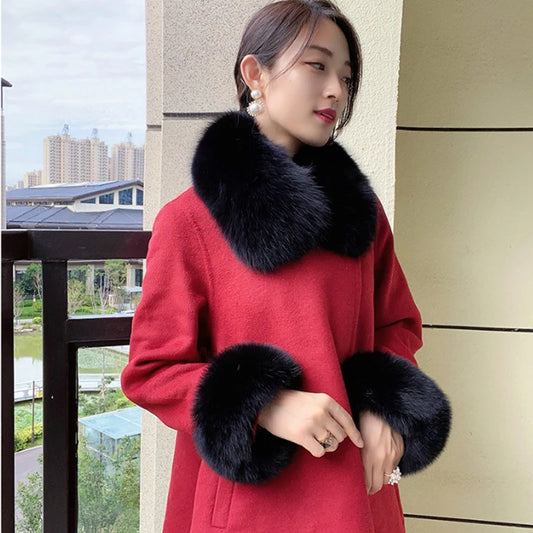100% Real Fox Fur Collar Winter Coat Hood Fur Scarf Cuffs Set Jacket Match Overcoats Accessory Women Neck Warmer Scarves