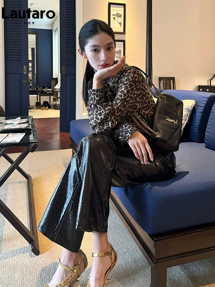Shiny Crocodile Print Pu Leather Straight Pants