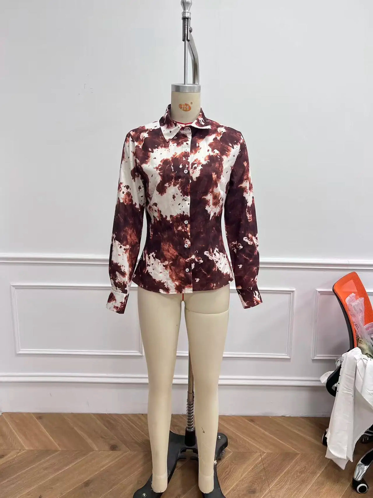 Women's Long-sleeved Satin Blouse With A Cow Print And Button Collar