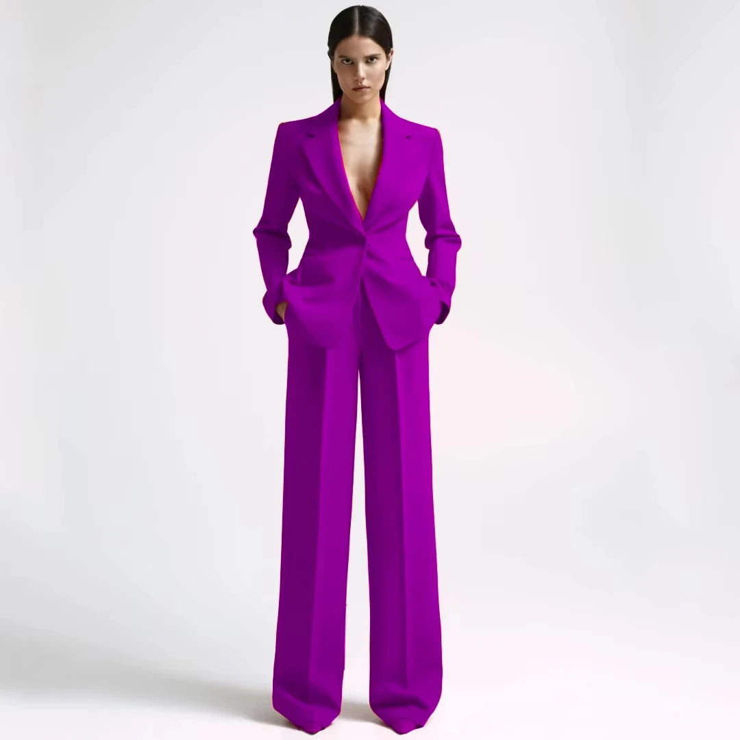 Women Suit 2 Pieces Red With Lapel Single Button Blazer And Pant