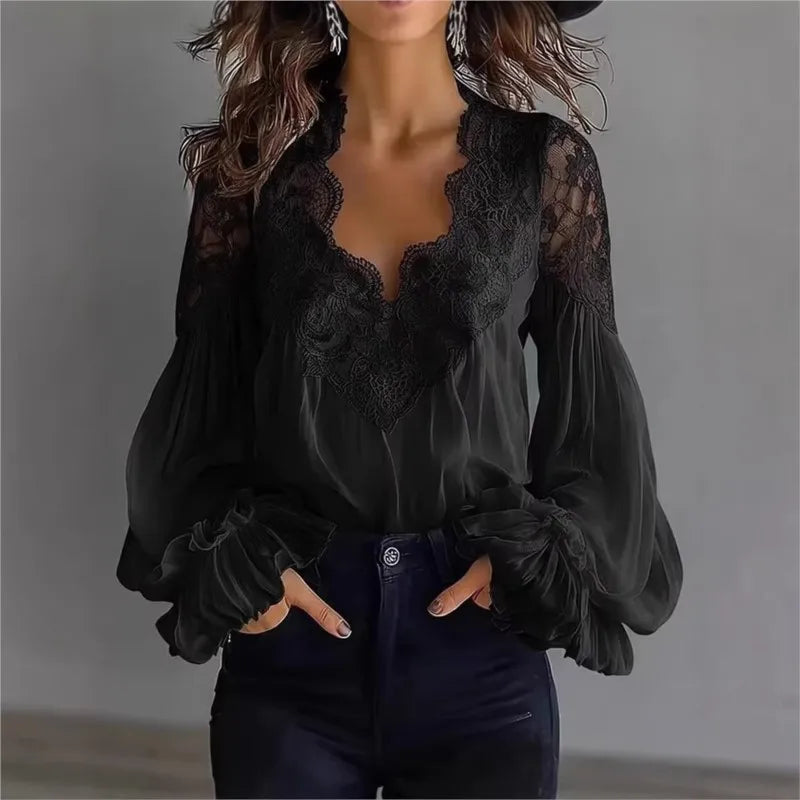 White  Lace Trim Puff Sleeve Blouse