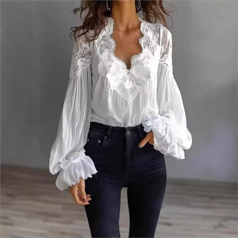 White  Lace Trim Puff Sleeve Blouse