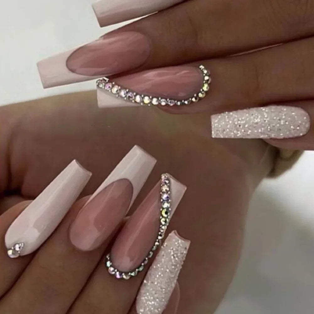 24Pcs Simple White French Press on Nails with Glue Long Ballet False Nails Wearable Coffin Fake Nails Full Cover Nail Tips