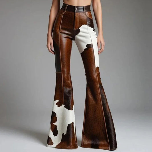 Women's Cow Pattern Leather PU Flare Pant High Waist Slim Faux Leather Pants