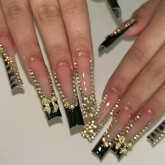 24Pcs Black French Press on Fake Nails Diamonds Bow Design False Nails Elegant Glitter Nail Long Square Full Cover Manicure Tips