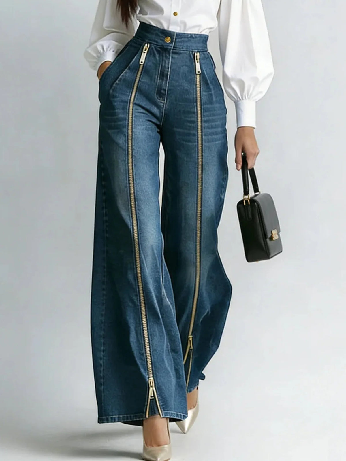 Women's High Waisted Gold Zipper Wide Leg Straight Denim Pants