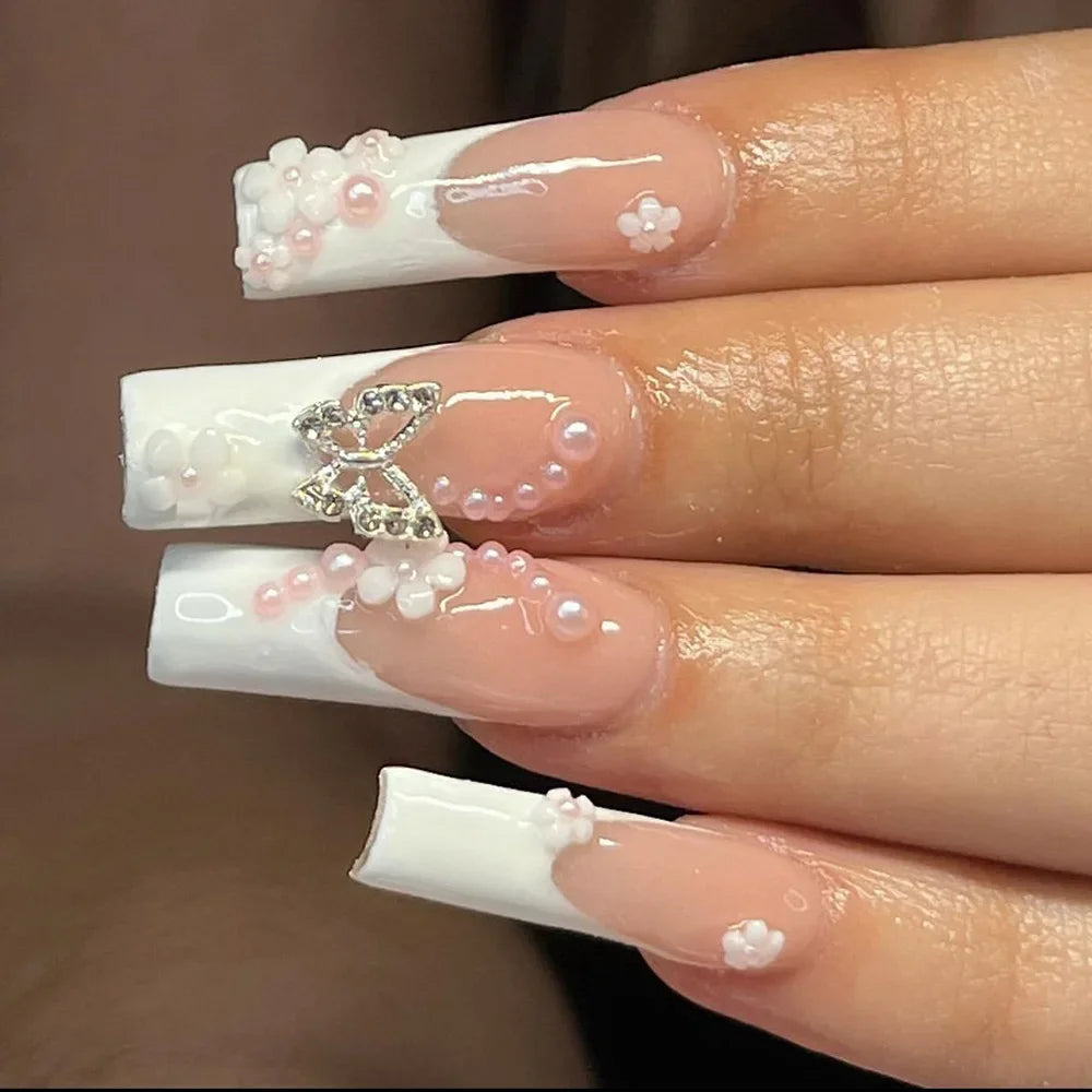 24Pcs Simple White French Press on Nails with Glue Long Ballet False Nails Wearable Coffin Fake Nails Full Cover Nail Tips
