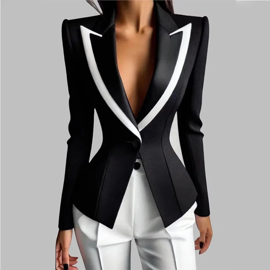 Fashionable Colorblock Turn down Collar Long Sleeves Blazer Single Button Slim