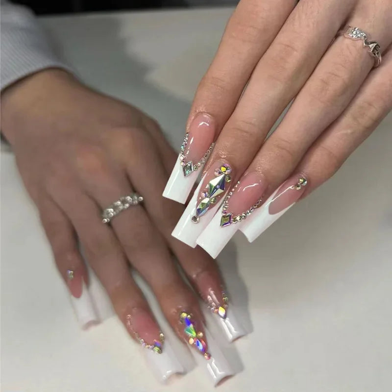 24Pcs Simple White French Press on Nails with Glue Long Ballet False Nails Wearable Coffin Fake Nails Full Cover Nail Tips