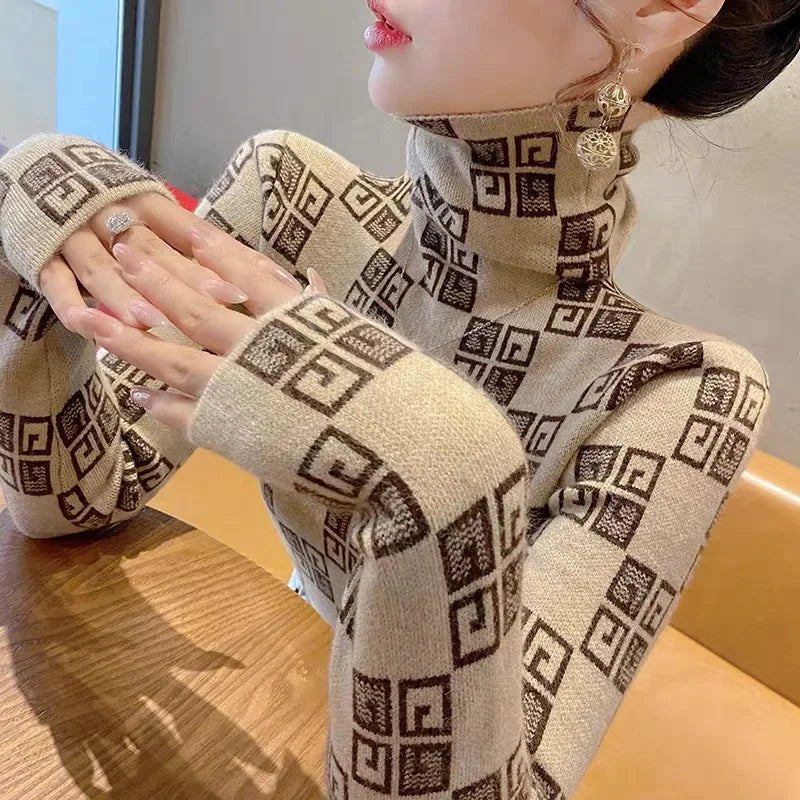 Women's Turtleneck Vintage Jacquard Slim Sweaters Chic Casual Soft Knitted Pullovers