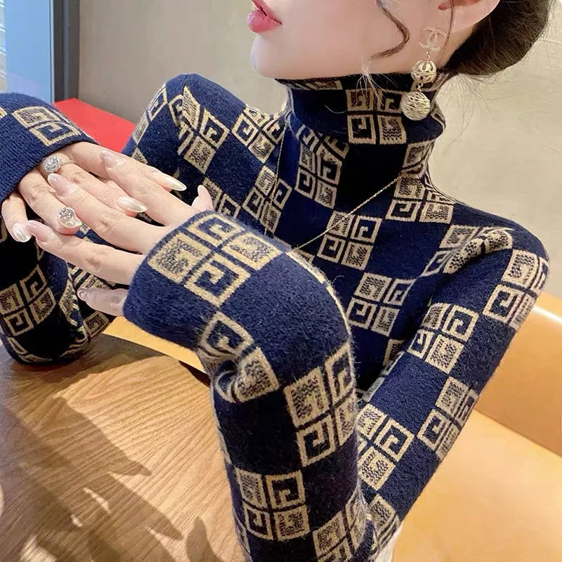 Women's Turtleneck Vintage Jacquard Slim Sweaters Chic Casual Soft Knitted Pullovers