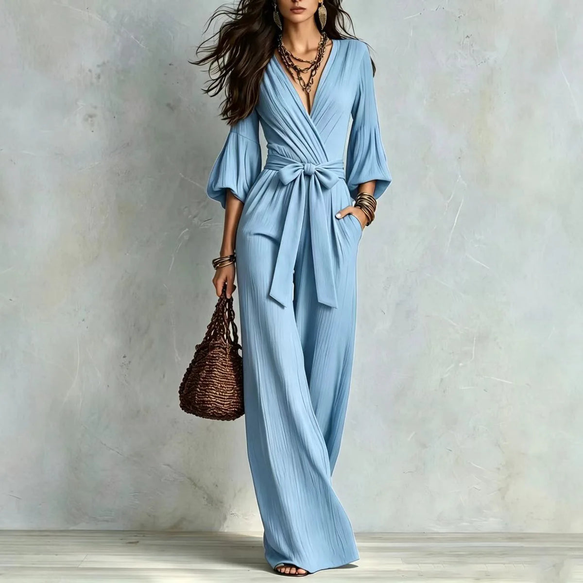 Elegant Deep V Neck Puff Sleeve Jumpsuit
