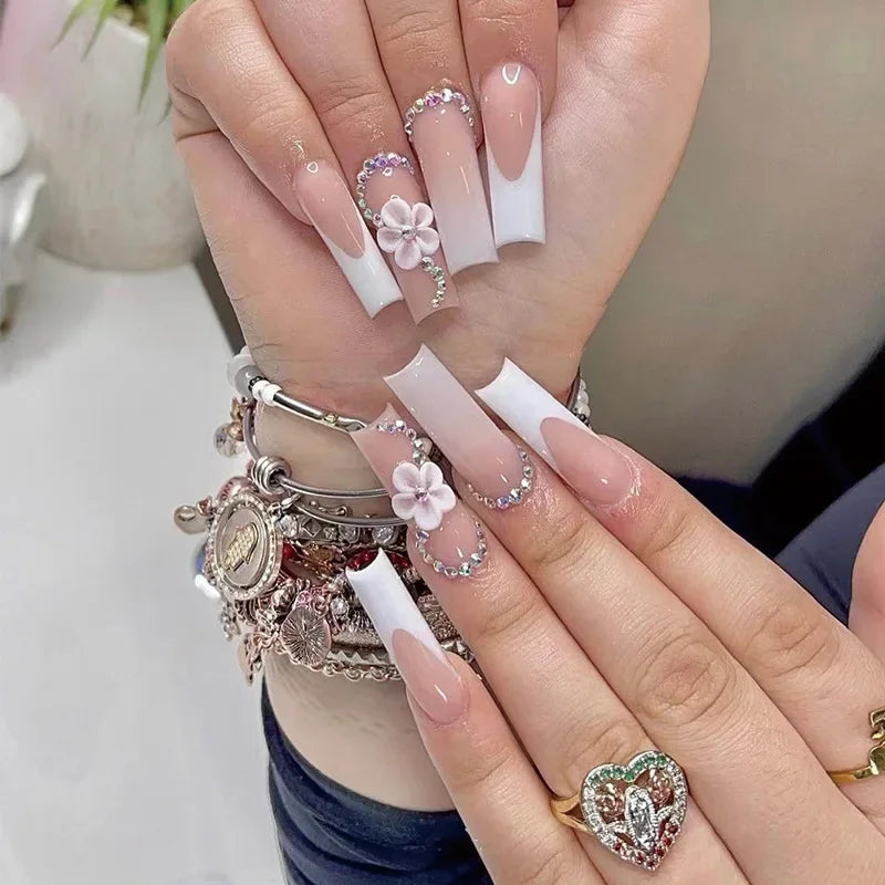 24Pcs Simple White French Press on Nails with Glue Long Ballet False Nails Wearable Coffin Fake Nails Full Cover Nail Tips