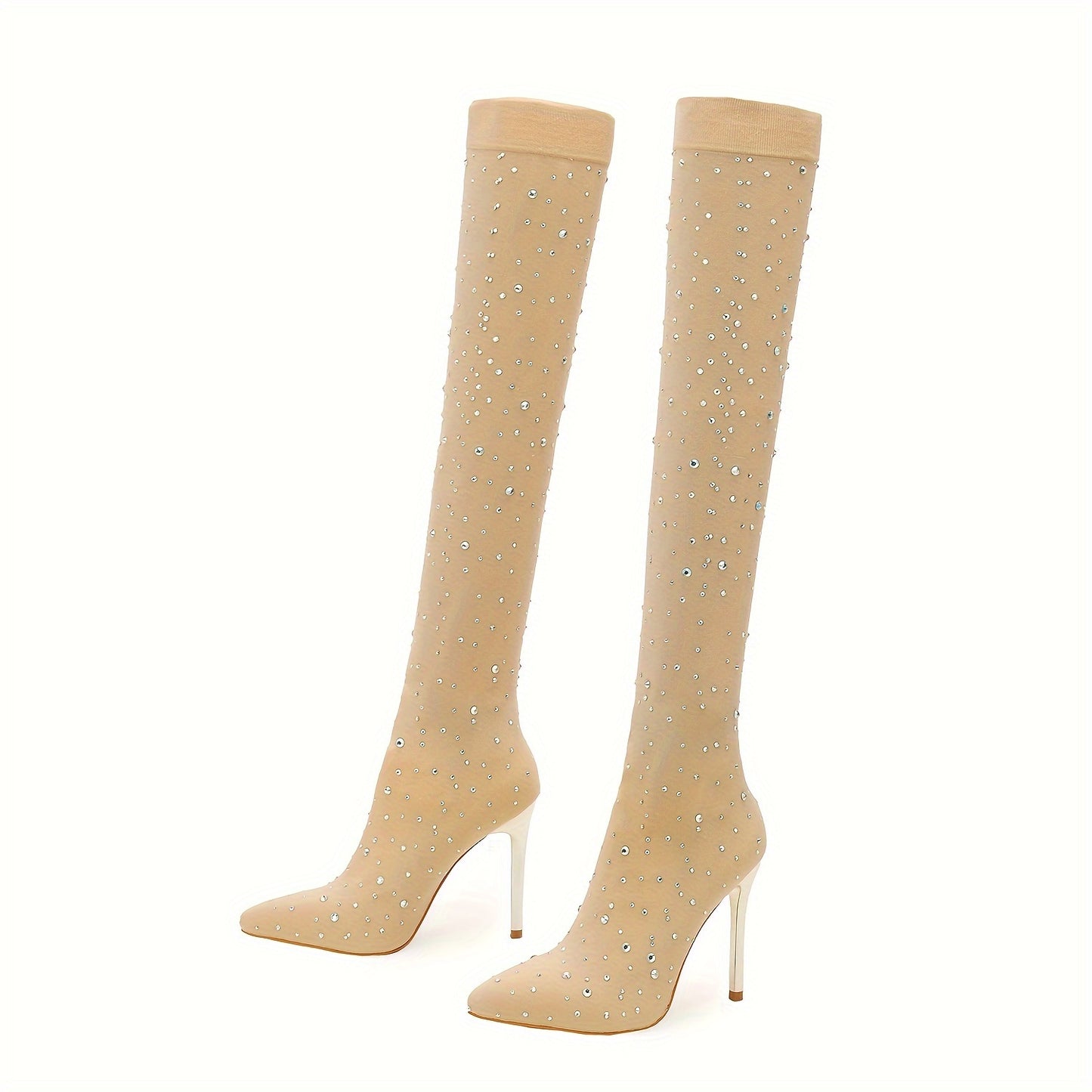 Women's Over-the-Knee Boots with Rhinestone Accents, Pointed Toe & Stiletto Heel - Fashionable Party Pantyhose Style