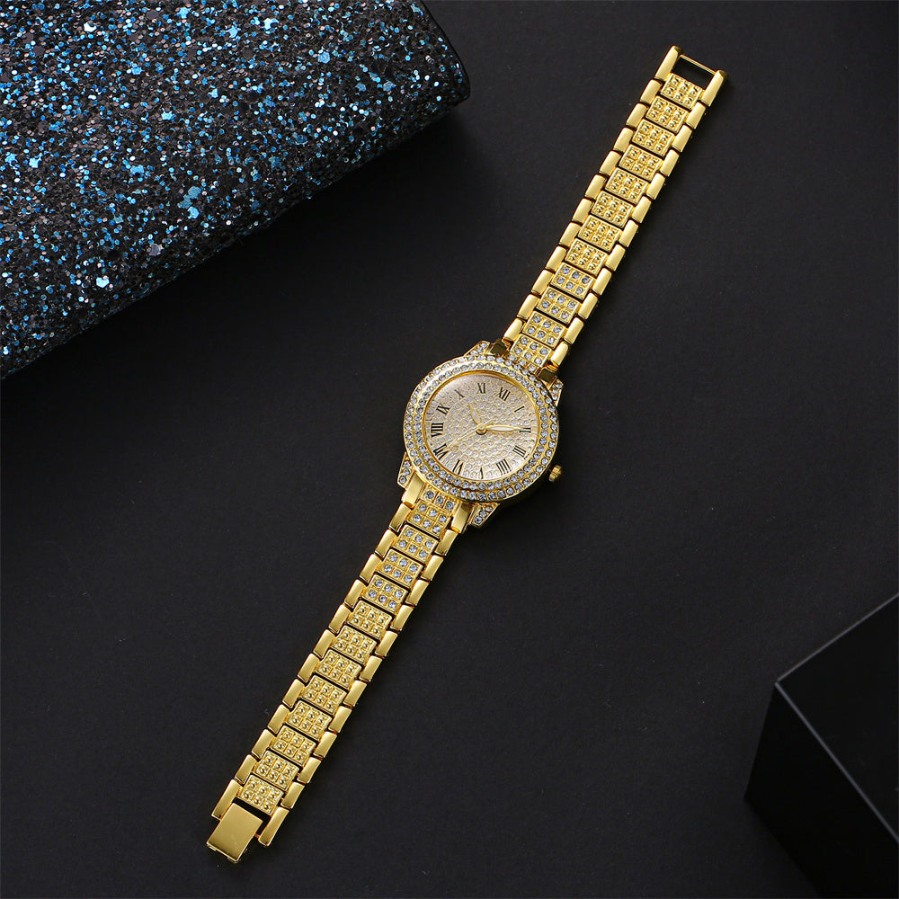 Women' Rhinestone Quartz & Jewelry Set - Roman Numeral Dial, Shockproof Zinc Alloy Case Wristwatch with Matching Bracelet