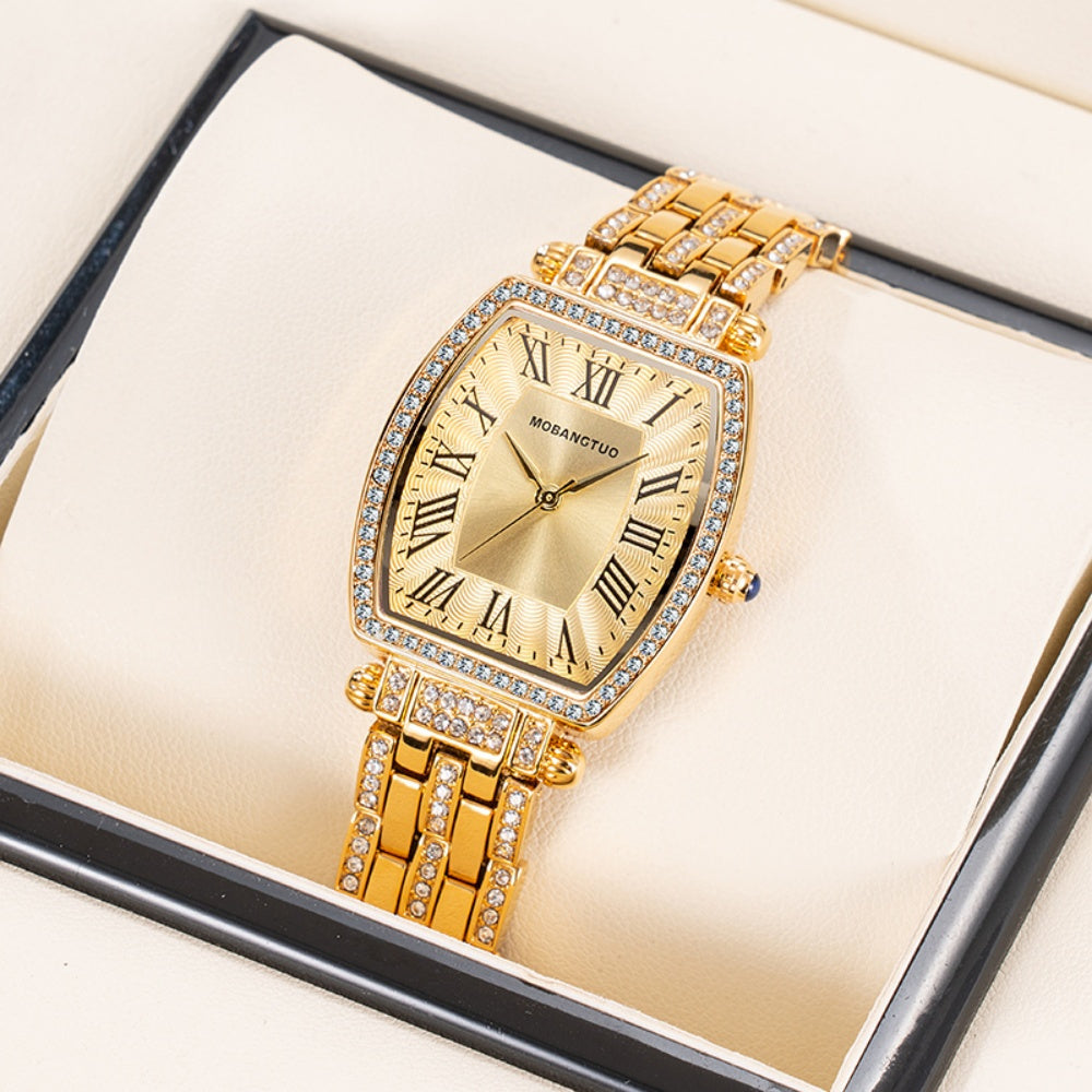 Stylish Women's Timepiece with Steel Band And Roman Numerals, Unique Tonneau-Shaped Case, Quartz Movement