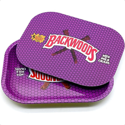7x5.5 Inch Metal Rolling Tray with Magnetic Lid - Hexagonal Cigarette Rolling Plate, Honeycomb Grip Surface & BACKWOODS Design - Clear Purple Smoke Accessories for Cigars, Rolling Papers, Cigarette Rolling Tray, Durable Smoki