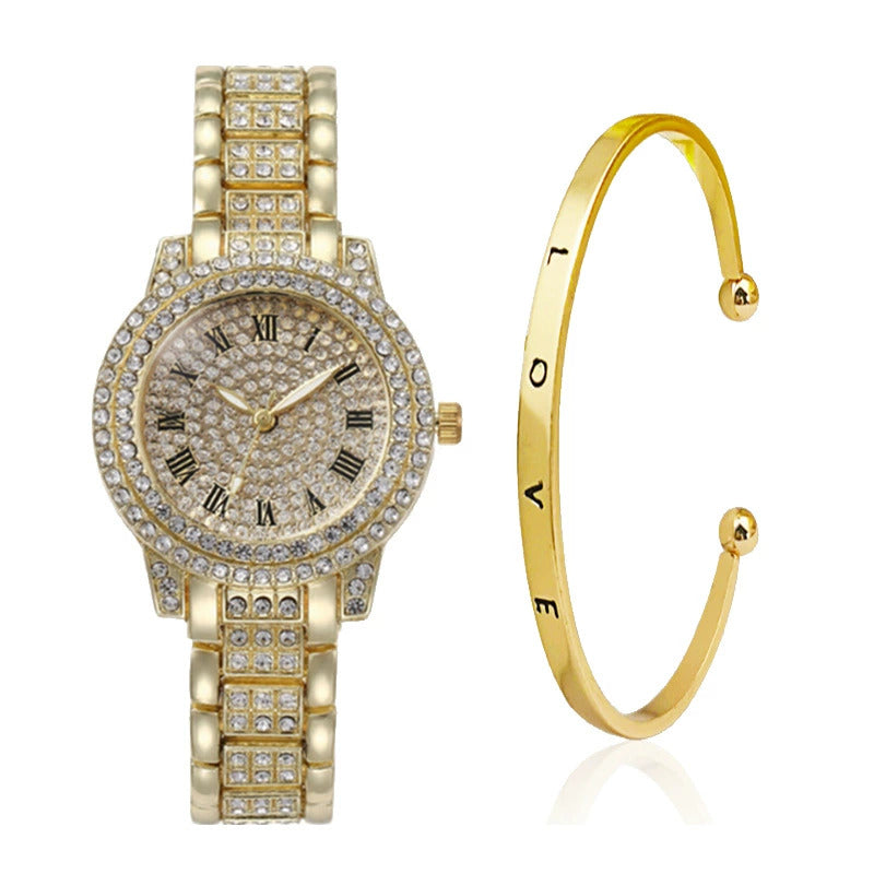 Women' Rhinestone Quartz & Jewelry Set - Roman Numeral Dial, Shockproof Zinc Alloy Case Wristwatch with Matching Bracelet