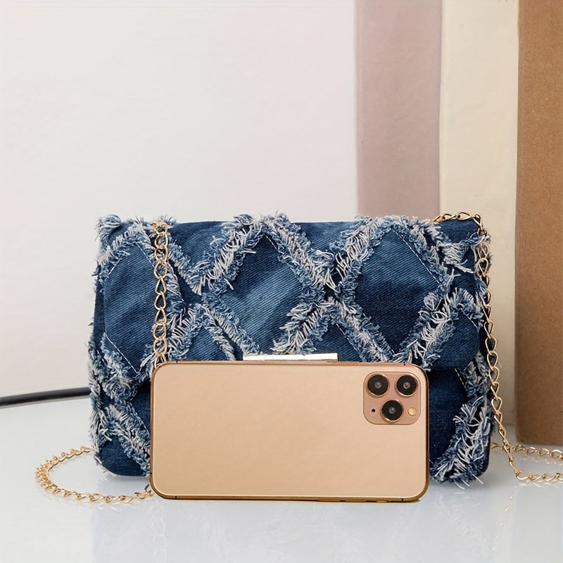Elegant Blue Diamond Quilted Crossbody Bag with Detachable Chain Strap - Vintage Washed Denim Look, Lightweight & Stylish