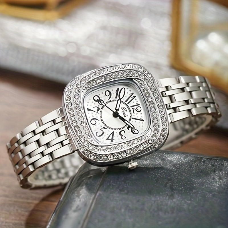 Square Quartz Steel Watch Bracelet Set, Perfect Gift for Her
