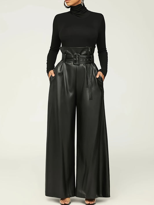 Timeless Elegance, Elegant Wide-Leg PU Leather Pants with Metal Belt - High Waist, Non-Sheer, Stretch Fabric for Women