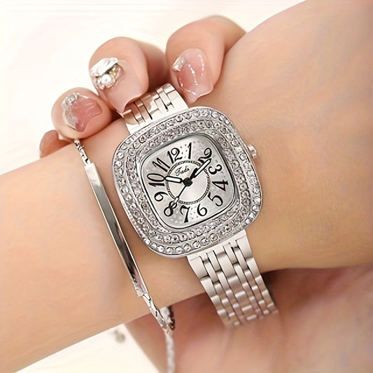 Square Quartz Steel Watch Bracelet Set, Perfect Gift for Her