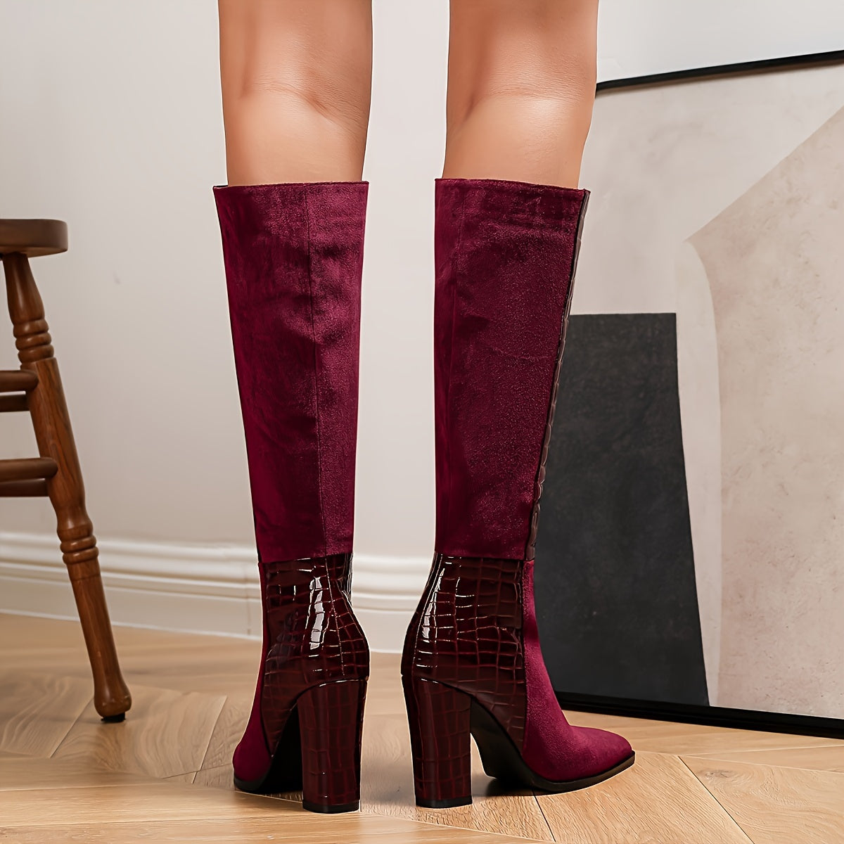 Women's Chic Burgundy Velvet Knee-High Boots Sexy Pointed Toe, Chunky Heel with Side Zipper, Faux Cover & Rubber Sole, High Heel Boots
