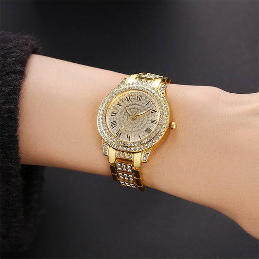 Women' Rhinestone Quartz & Jewelry Set - Roman Numeral Dial, Shockproof Zinc Alloy Case Wristwatch with Matching Bracelet