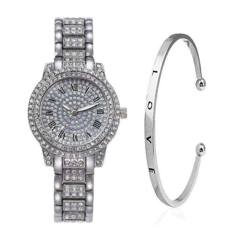 Women' Rhinestone Quartz & Jewelry Set - Roman Numeral Dial, Shockproof Zinc Alloy Case Wristwatch with Matching Bracelet