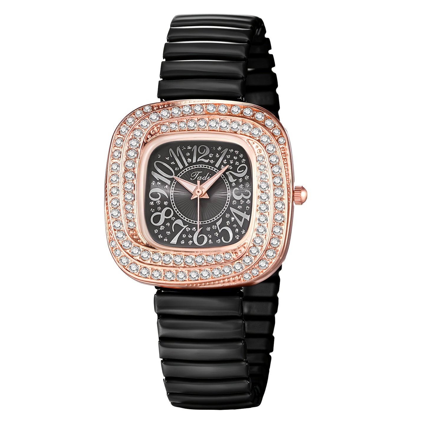 Quartz Elastic Watch, Alien Shaped Stretch Wristwatch, Stainless Steel Strap, Rhinestone Swirl Shape Case, Large Arabic Numerals Scale Dial, Clear And Easy to Read