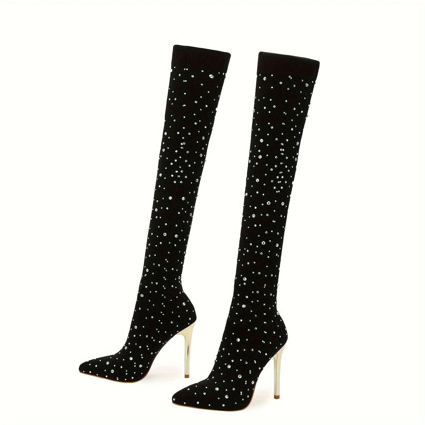 Women's Over-the-Knee Boots with Rhinestone Accents, Pointed Toe & Stiletto Heel - Fashionable Party Pantyhose Style