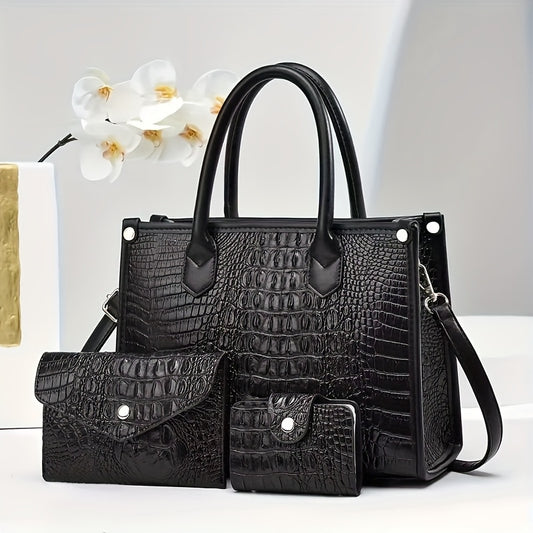 Elegant Large Capacity Crossbody Tote Bag, Faux Leather Handbag with Embroidered Design, Zip Closure, Fixed Strap - Black, Crossbody Purse,