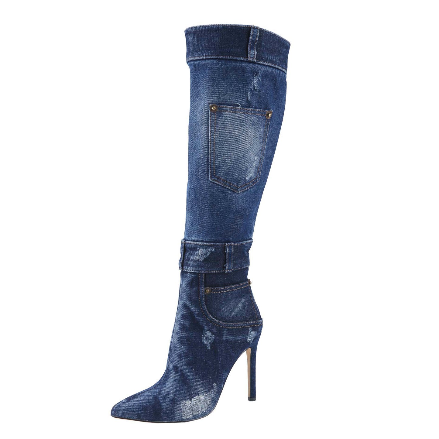 Women's high-heeled boots, pointed denim tie-dye design stiletto knee-high boots, fashionable personality trendy long boots