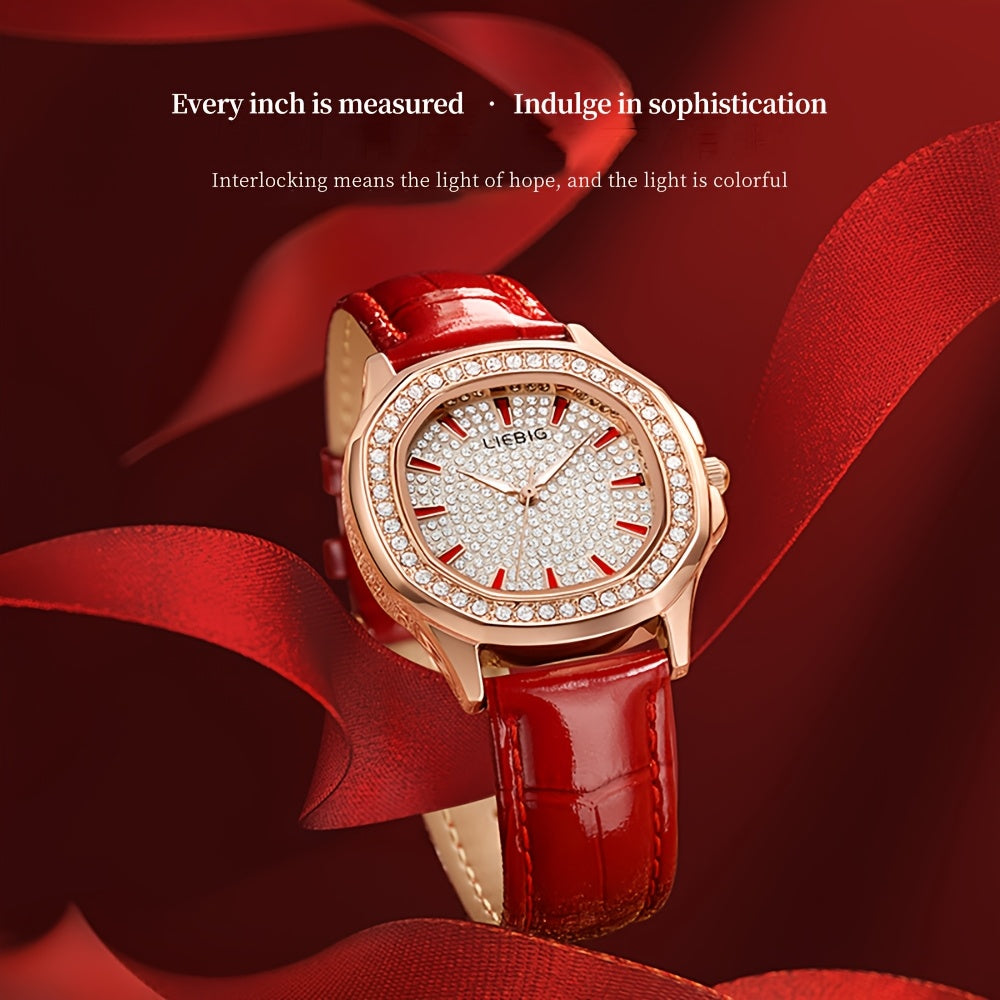Women's Elegant Rhinestone-Adorned Wristwatch with Luminous Hands, Red Balloon Analog Watch, PU Strap & Quartz Movement