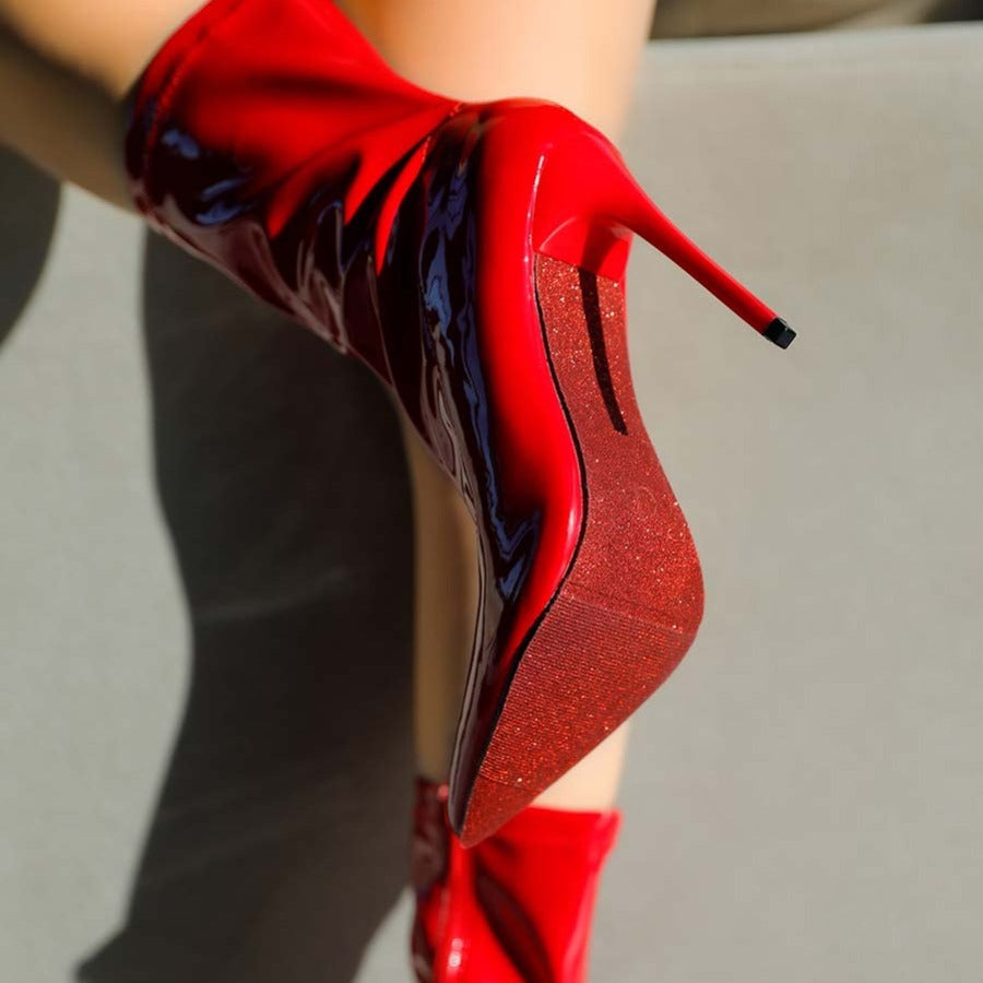 Women's Patent Leather PU Mid-Calf Boots Pointy Toe Side Zipper Fashion Comfy Sexy Kitten Heel Boots